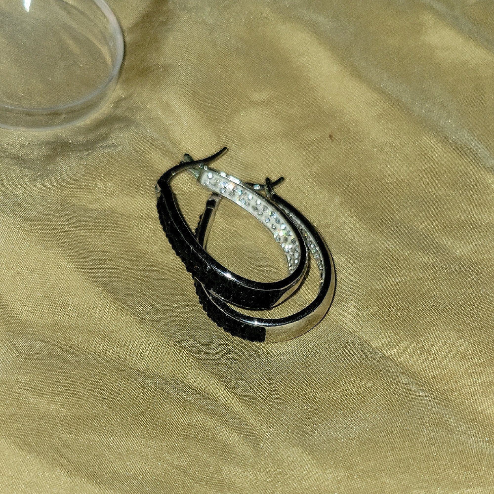 Two Tone Black & Silver Crystal Inside Out Oval Hoop Earrings - Dressy Casual